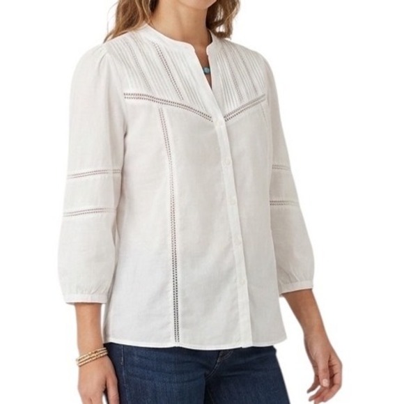 Lucky Brand Tops - Lucky Brand White Cotton Pintuck Lace Trim Button Down Blouse Top Feminine Small